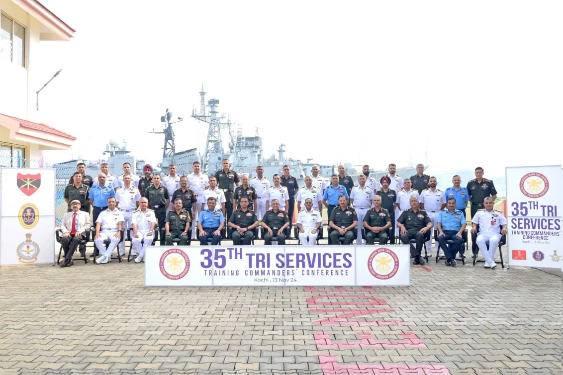 Chief of Defence Staff Gen Anil Chauhan with senior Army, Navy, and Air Force Commanders at the 35th Tri-Services Training Commanders Conference in Kochi