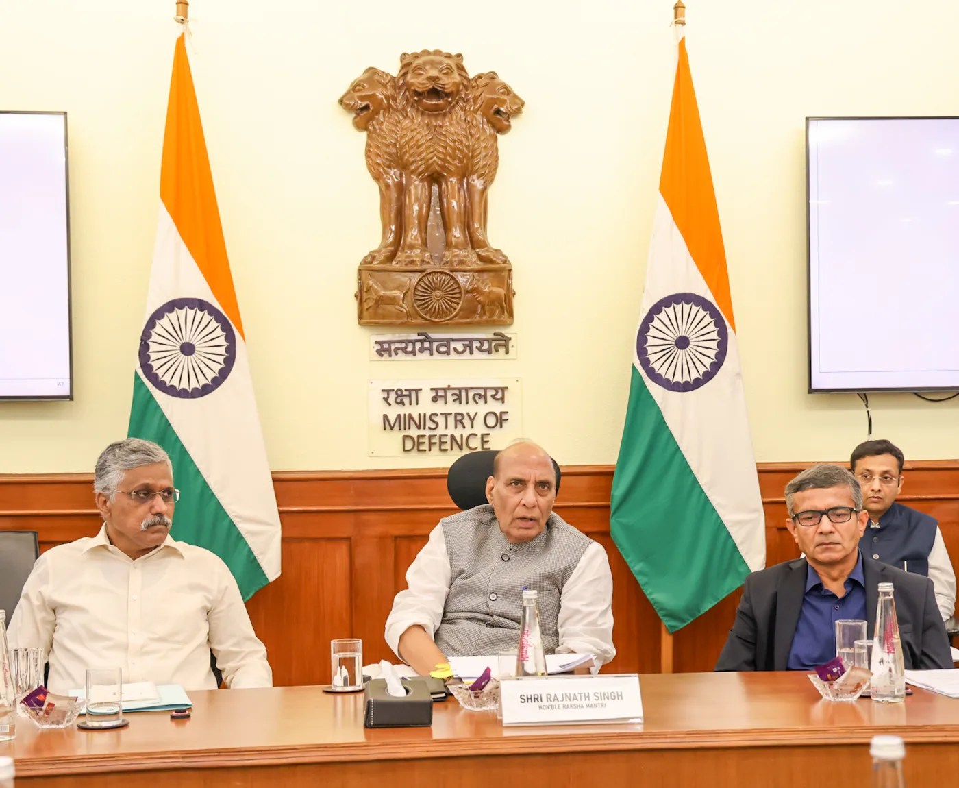 Raksha Mantri Shri Rajnath Singh reviewing the performance of Defence Public Sector Undertakings (DPSUs) with CMDs of HAL, BEL, BDL, Mazagon Dock, and Munitions India