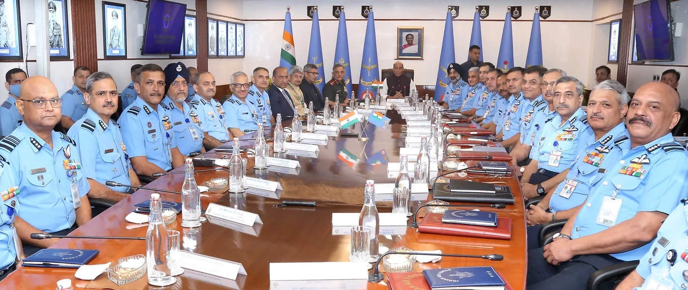 Raksha Mantri and CDS Gen Anil Chauhan addressing the Air Force Commanders Conference in New Delhi