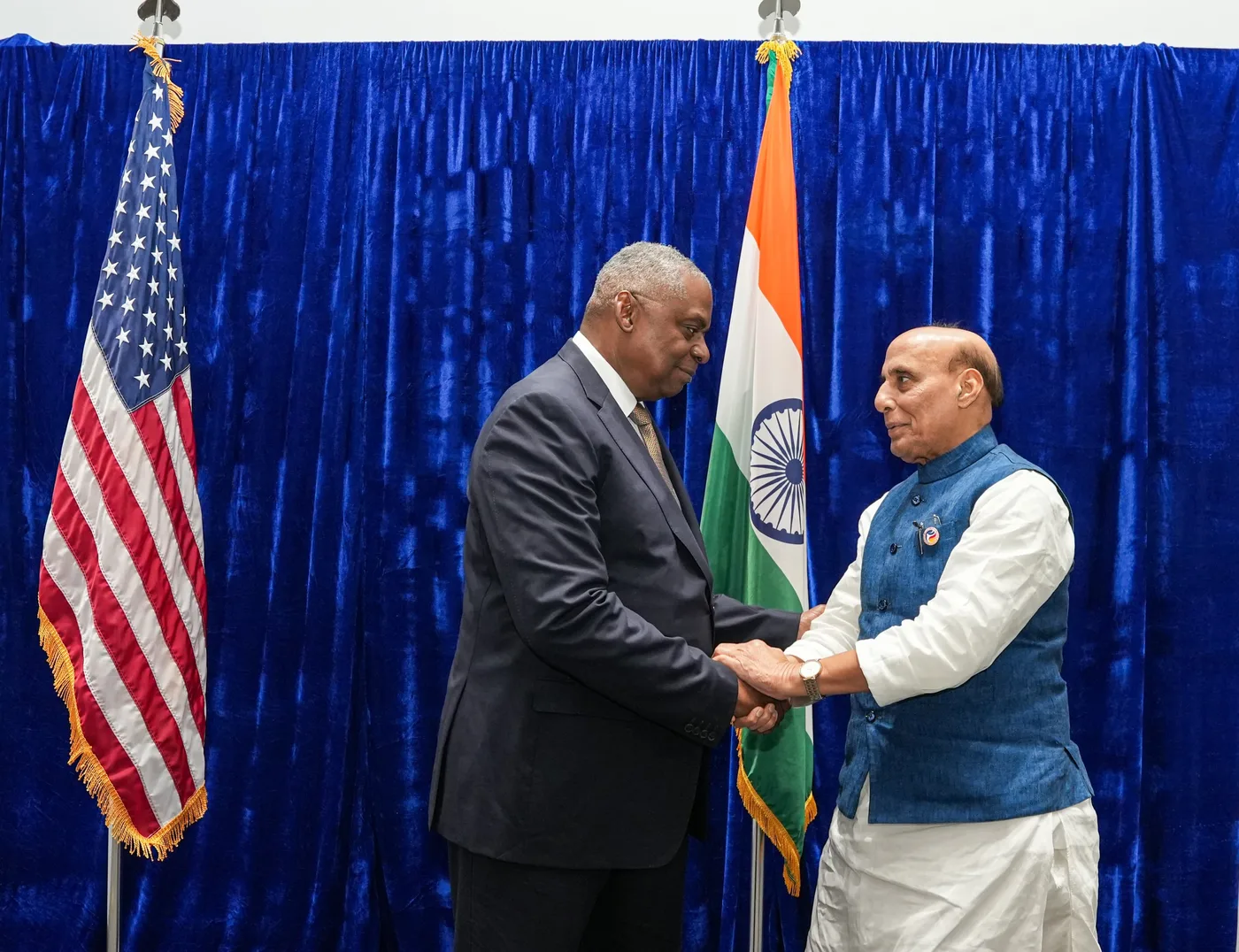 Raksha Mantri Shri Rajnath Singh and US Secretary of Defense Lloyd Austin during bilateral defence talks on the US-India Defence Industrial Cooperation Roadmap